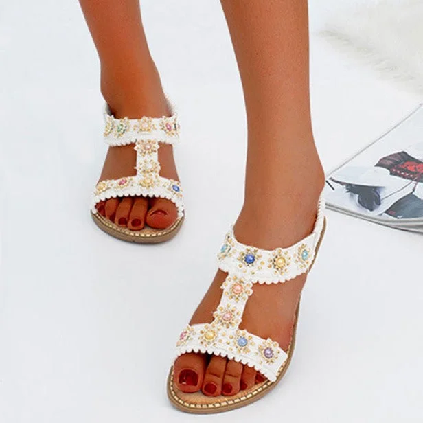Bohemian Colored Pearls Comfortable Flat Sandals  Stunahome.com