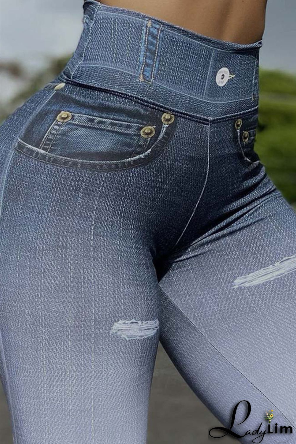 Blue Fashion Casual Sportswear Print Split Joint Skinny High Waist Pencil Trousers