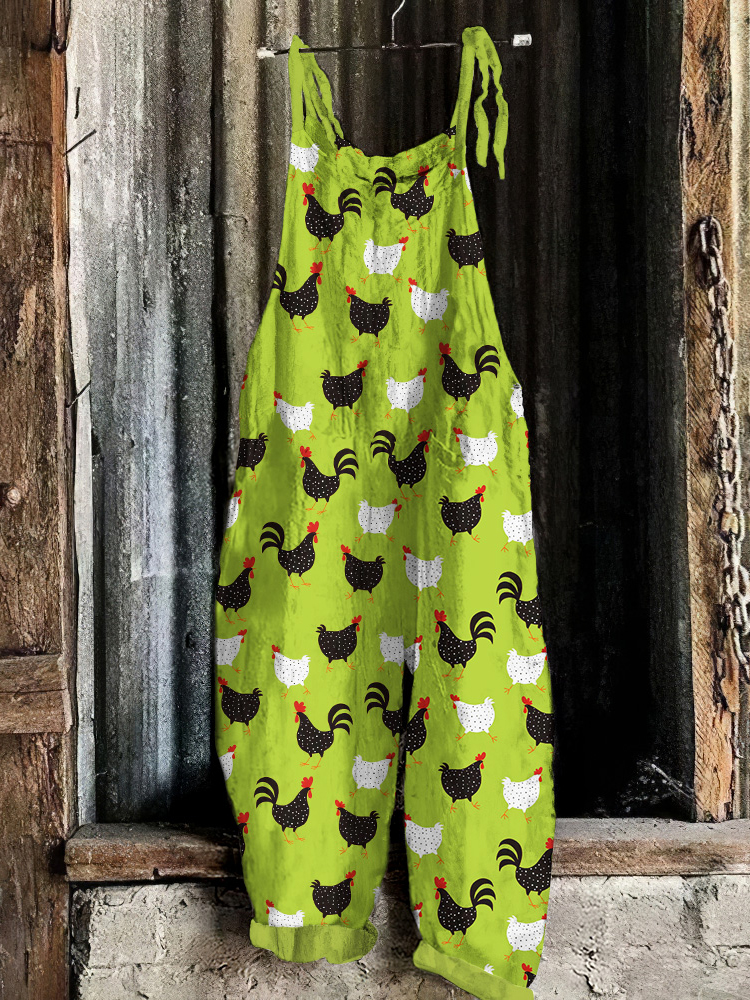 Comstylish Fun Farm Chickens Graphics Linen Blend Casual Jumpsuit