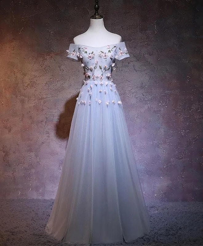 Gray Blue Tulle Long Prom Dress, Gray Evening Dress