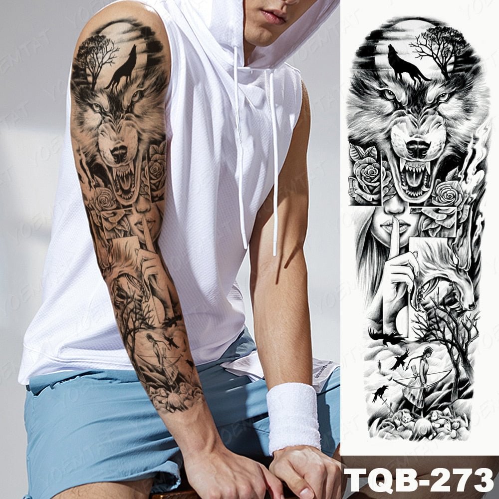 Large Full Arm Sleeve Tattoo Cross Wolf Rose Forest Waterproof Temporary Tatoo Sticker Angel Praying Men Women Body Art Tatto