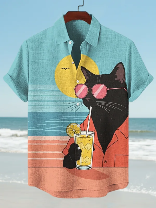 Men's Beach Black Cat Vacation Art Printed Casual Shirt