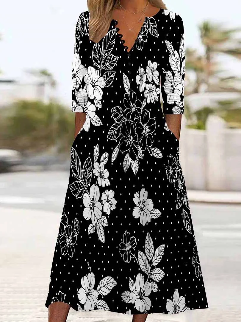Women Floral,Black DZHB8242 Long Sleeve V-Neck Graphic Printed Midi Dress