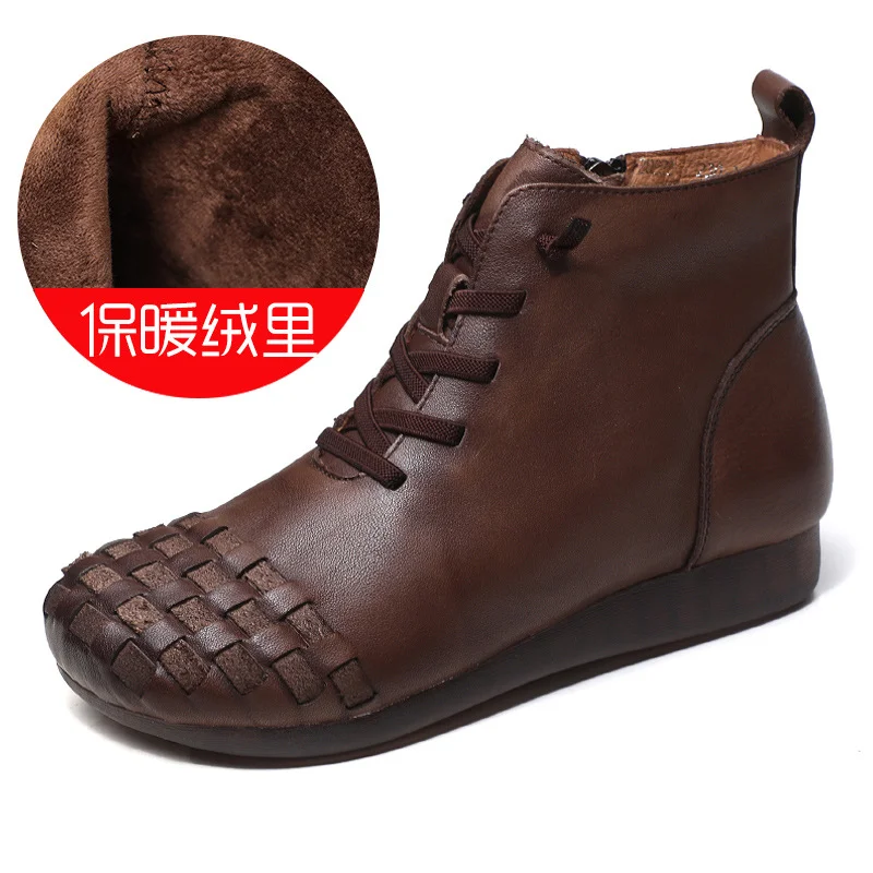 Yyvonne Time 138] National Wind Leather Hand-Woven Flat Bottom Short Boots Cow Skin Boots Soft Bottom Women's Cotton Boots