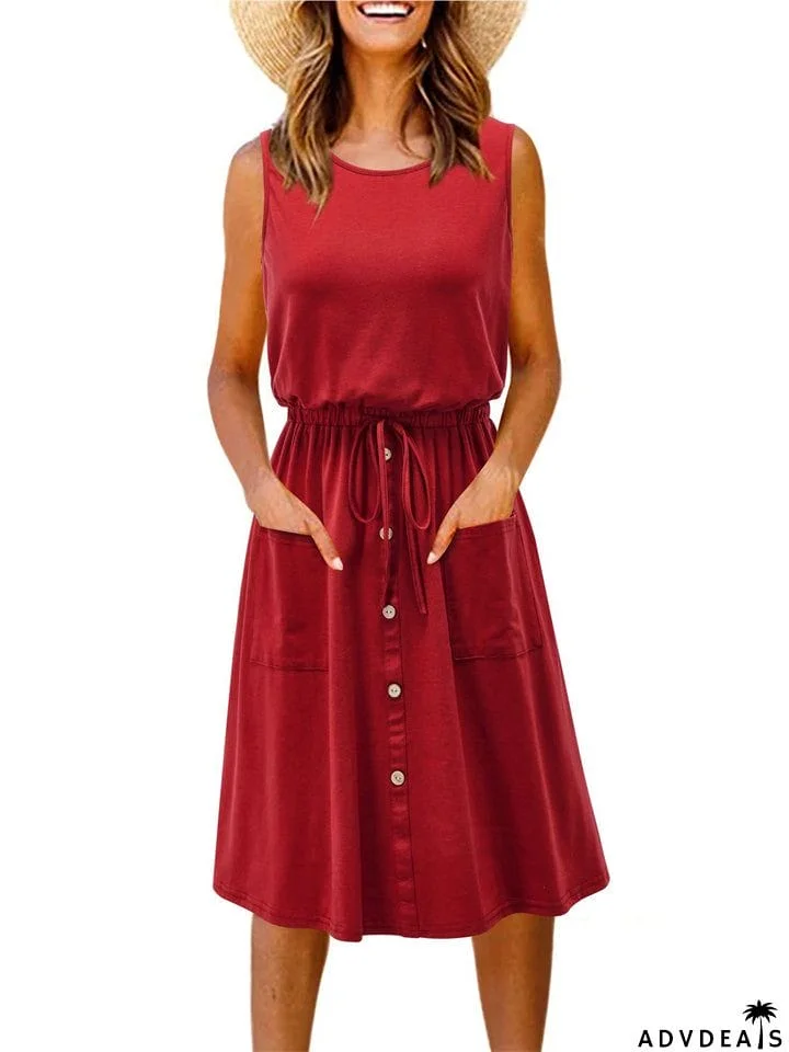 Women's Retro Crew Neck Lace Up Trendy Dress for Summer