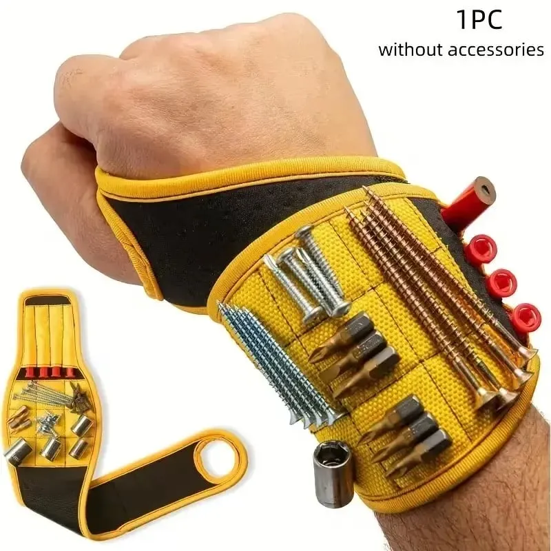 Yellow magnetic wristband loaded with screws drill bits and small hardware