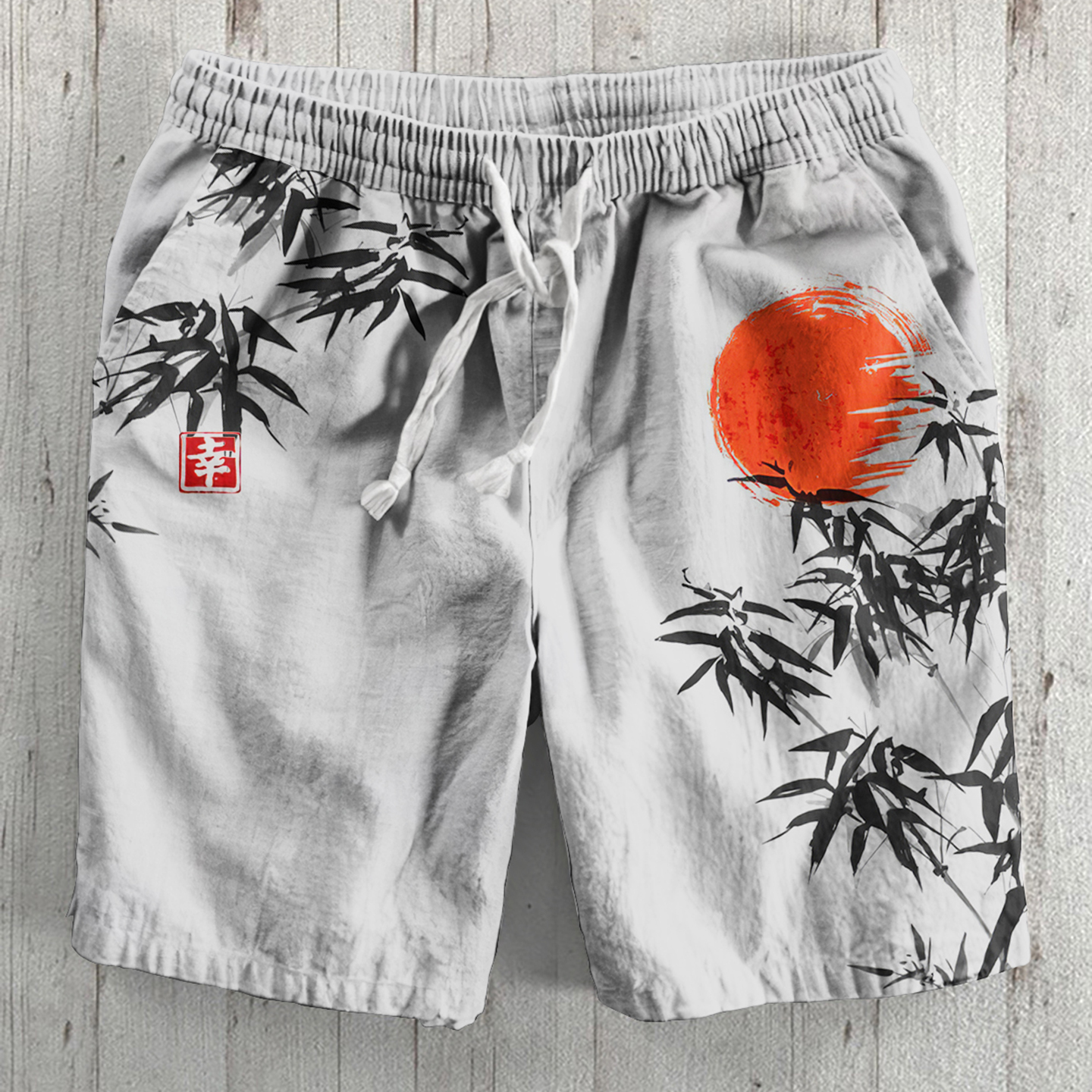Comstylish Japanese Bamboo Forest And Red Sun Art Linen Blend Shorts