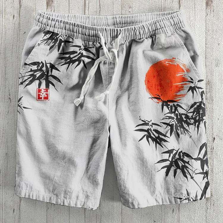 Japanese Bamboo Forest And Red Sun Art Linen Blend Shorts