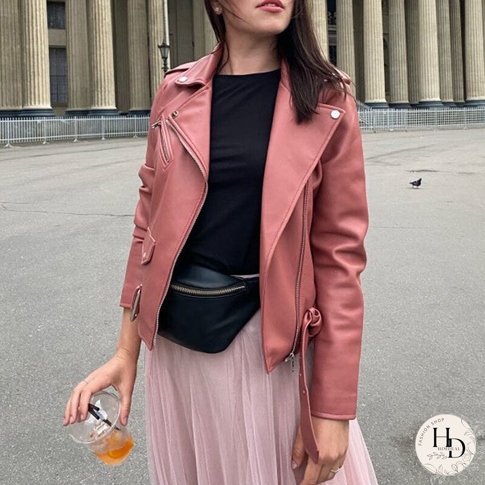 Chic Autumn Sashes Purple Womens Jacket Zipper Biker Coats Female Casual Outwear Tops