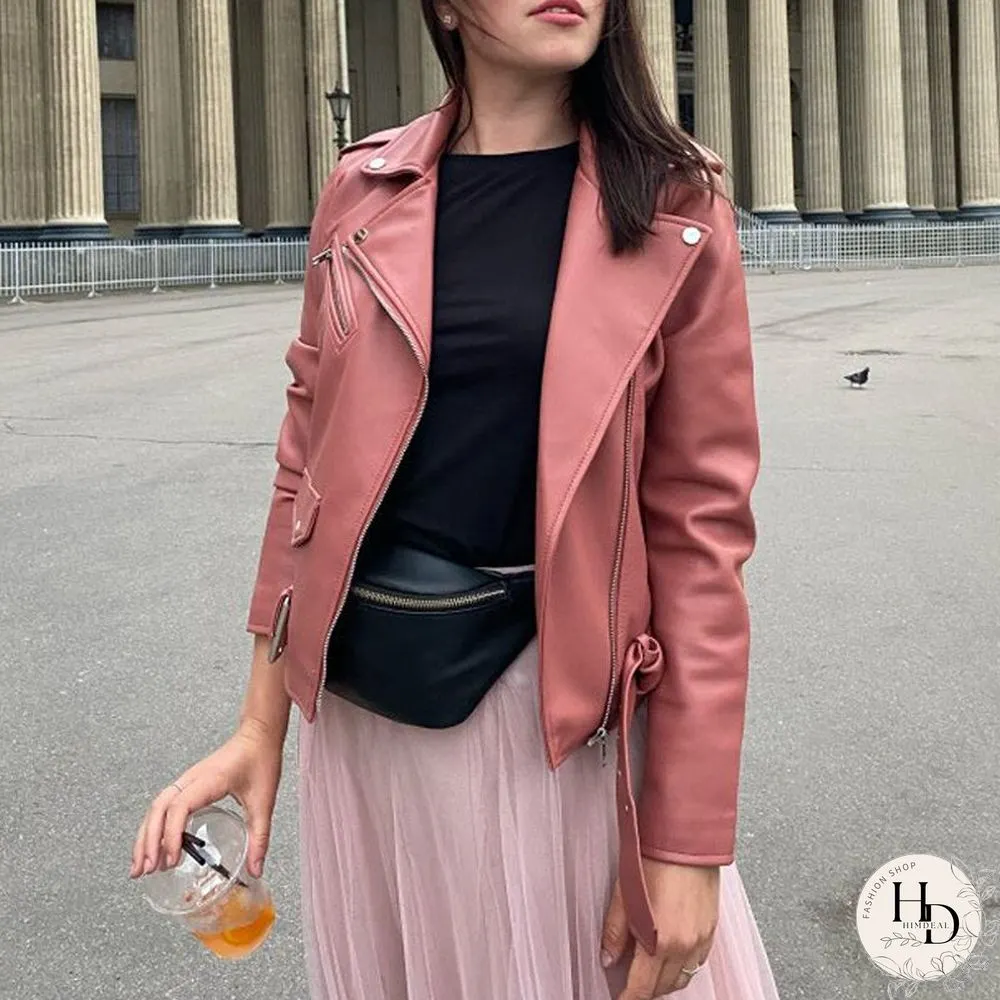 Chic Autumn Sashes Purple Womens Jacket Zipper Biker Coats Female Casual Outwear Tops