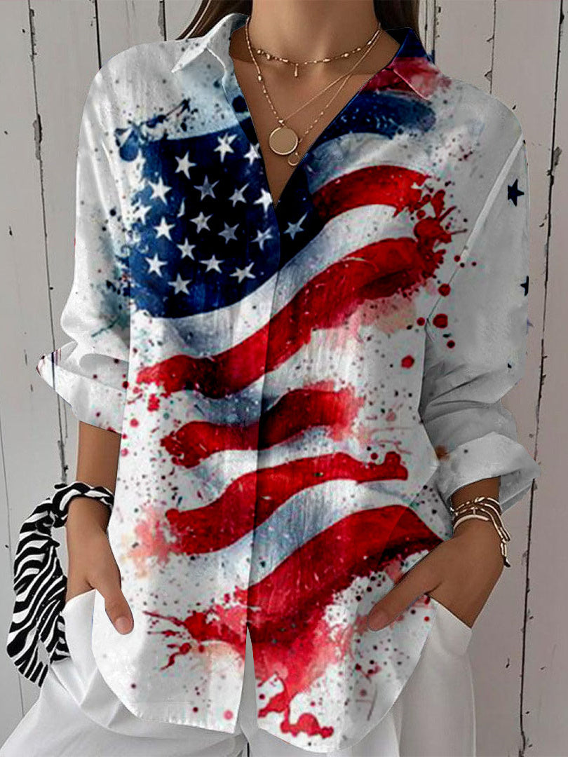 Women 3/4 Sleeve Shirt Collar National Flag Printed Graphic Button Tops