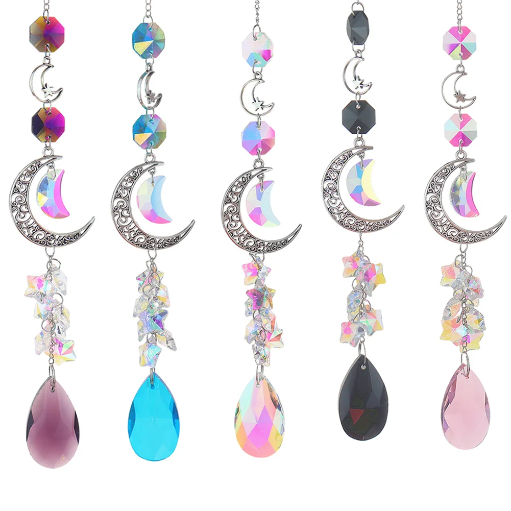 Crystal Diamond Wind Chimes Metal Hexagon Star Moon Hanging Ornaments Decor