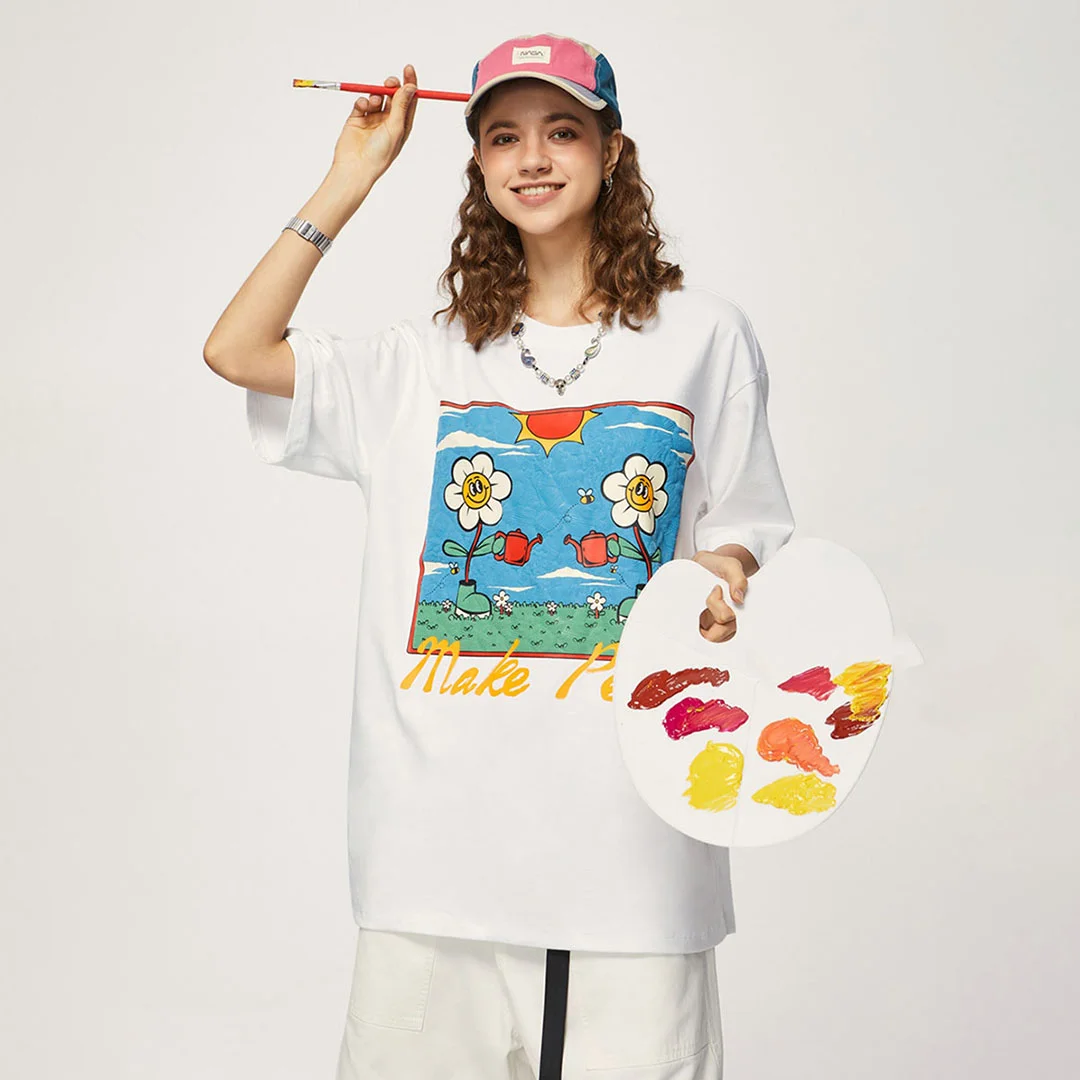 Make peace cartoon florets printed T-shirt