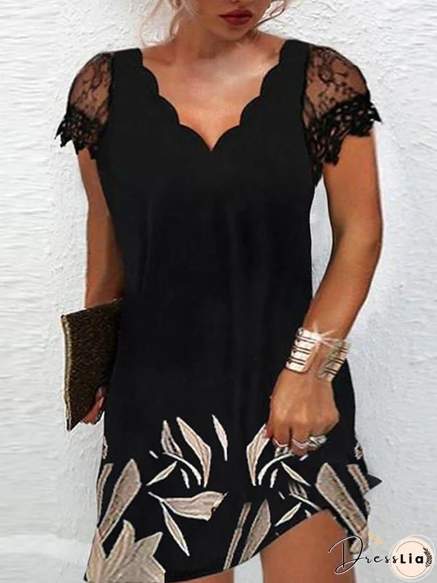 Plus Size Casual Dress Floral Dress Leaf Floral Midi Dress Short Sleeve Print V Neck Fashion Outdoor Black White Summer Spring L XL XXL 3XL 4XL for Women