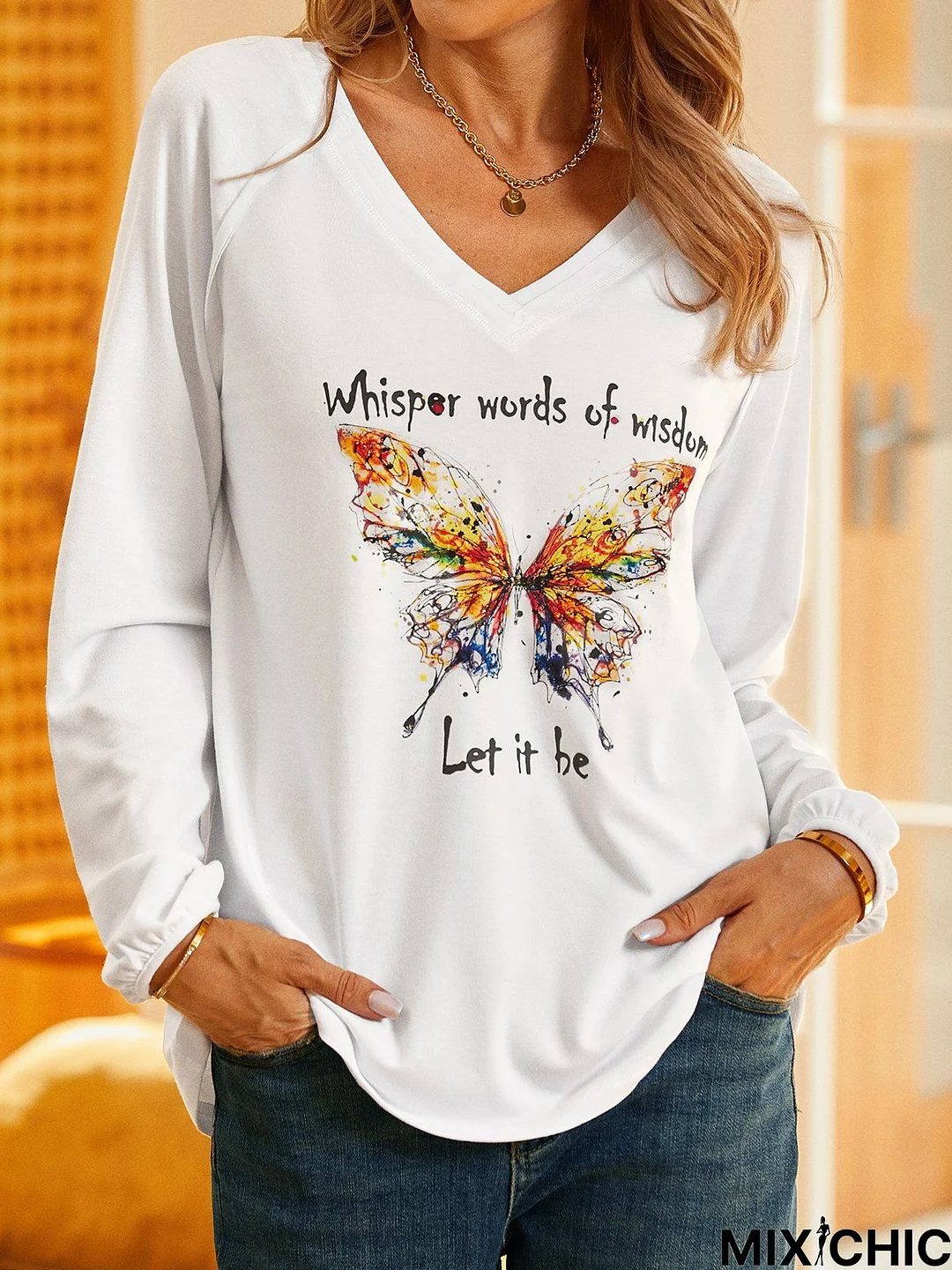 Casual Butterfly V-neck Long Sleeve Tunic T-Shirt