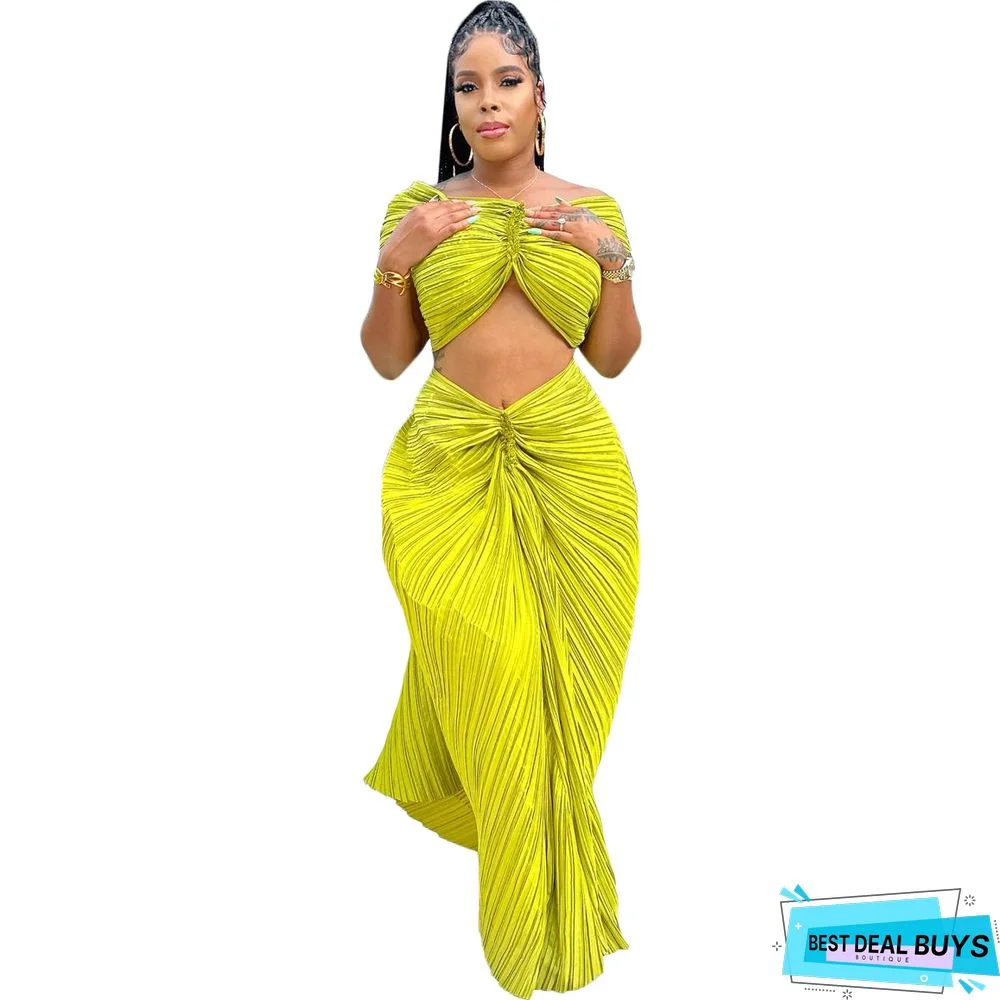 Women Solid Pleated Off Shoulder Top and Skirt Two-Piece Set