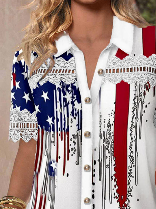 Women Short Sleeve V-neck Striped Star Printed Graphic Lace Hollow Stitching Button Tops