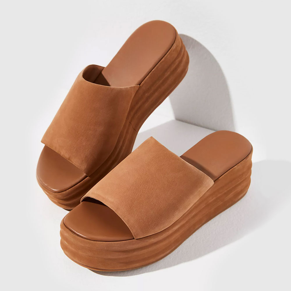 Retro Tan Square Toe Wide Strap Slip On Platform Heel Sandals Nicepairs