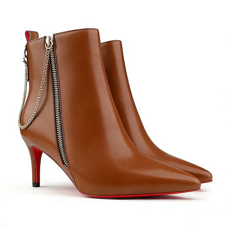 60mm Women's Pointed Toe Metal Chain Kitten Heel Single Strap Red Bottom Booties VOCOSI VOCOSI
