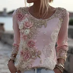 Boho Pink Floral Lace Round Neck Comfy Linen Tunic - Image 2