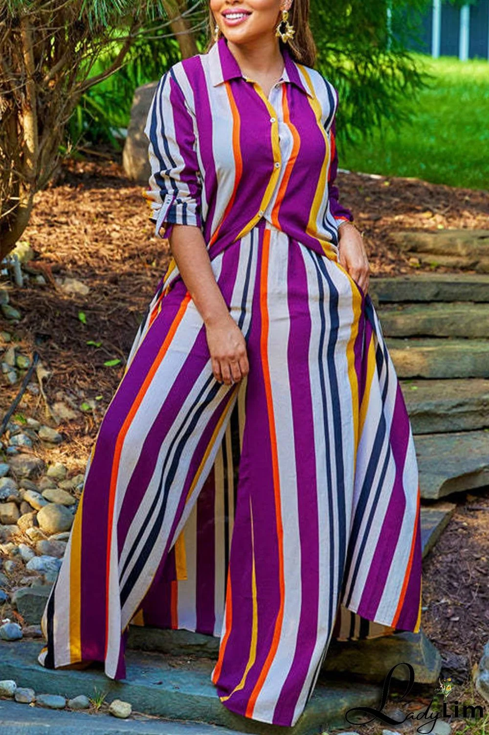 Sky Blue Casual Striped Print Patchwork Buckle Turndown Collar Long Sleeve Two Pieces