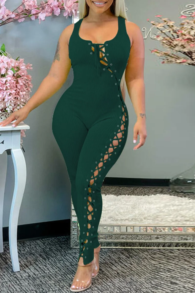 Ink Green Sexy Casual Solid Bandage Hollowed Out U Neck Skinny Jumpsuits | EGEMISS