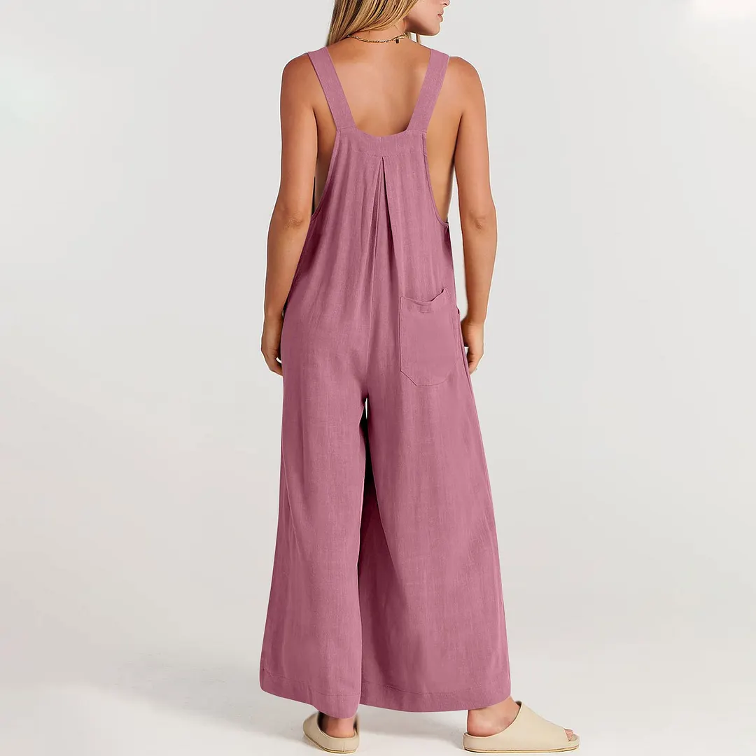 Button Detail Wide Leg Overall Pockets Jumpsuit