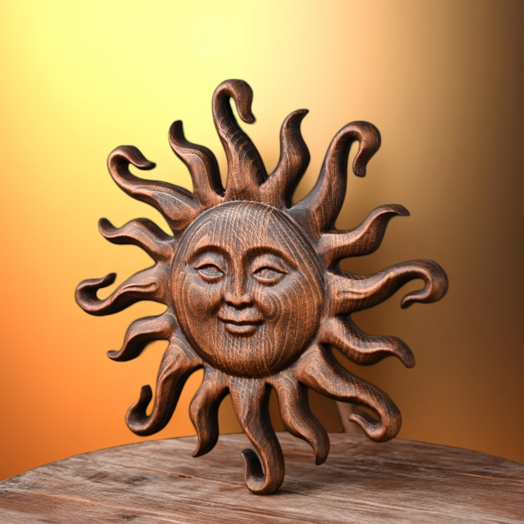 Beech Wood Sun Carving | A 300&times;300&times;25mm Time Niche, Holding Fragments of Life's Gold