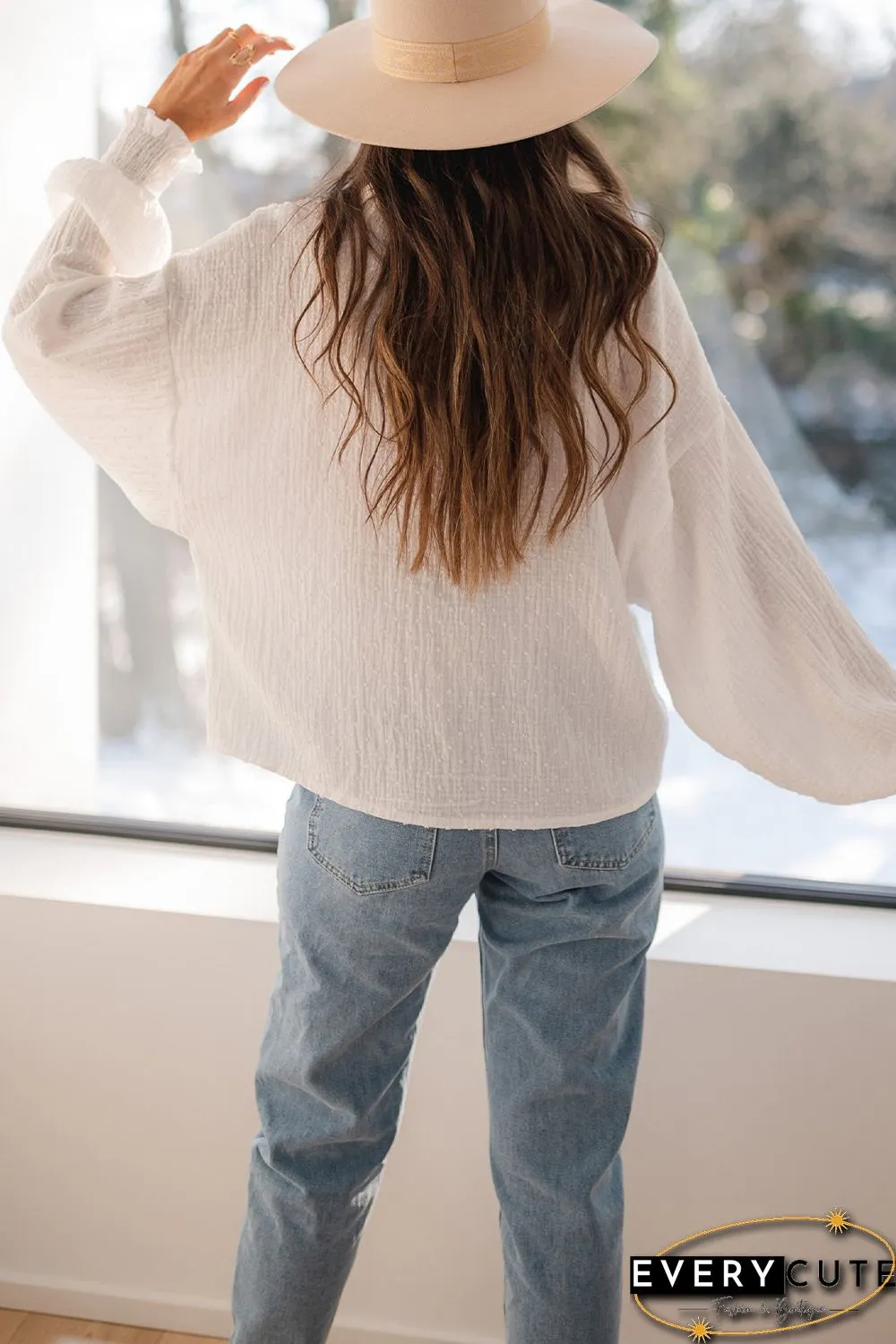 White Lace Trim Dotty Crinkle Texture Shirt
