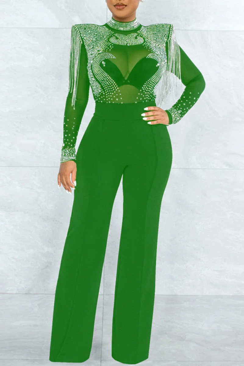 Fashion Sexy Patchwork Tie Dye See-through Half A Turtleneck Regular Jumpsuits