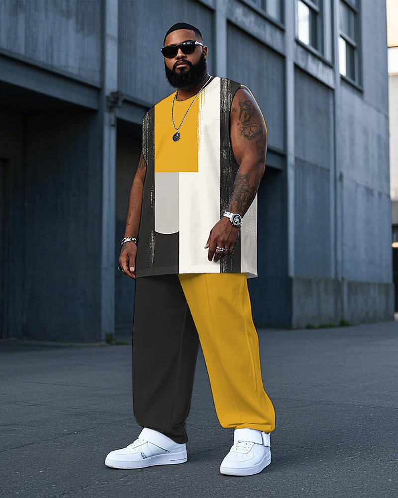 Men's Plus Size Street Fashion Yellow Black Colorblock Striped Geometric Print Vest Trousers Suit
