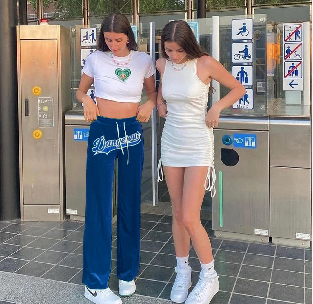 Weird Puss Letter Embroidery Straight Pants Velvet Women Drawstring High Waist Trousers Casual Baggy Wild Streetwear Sweatpants