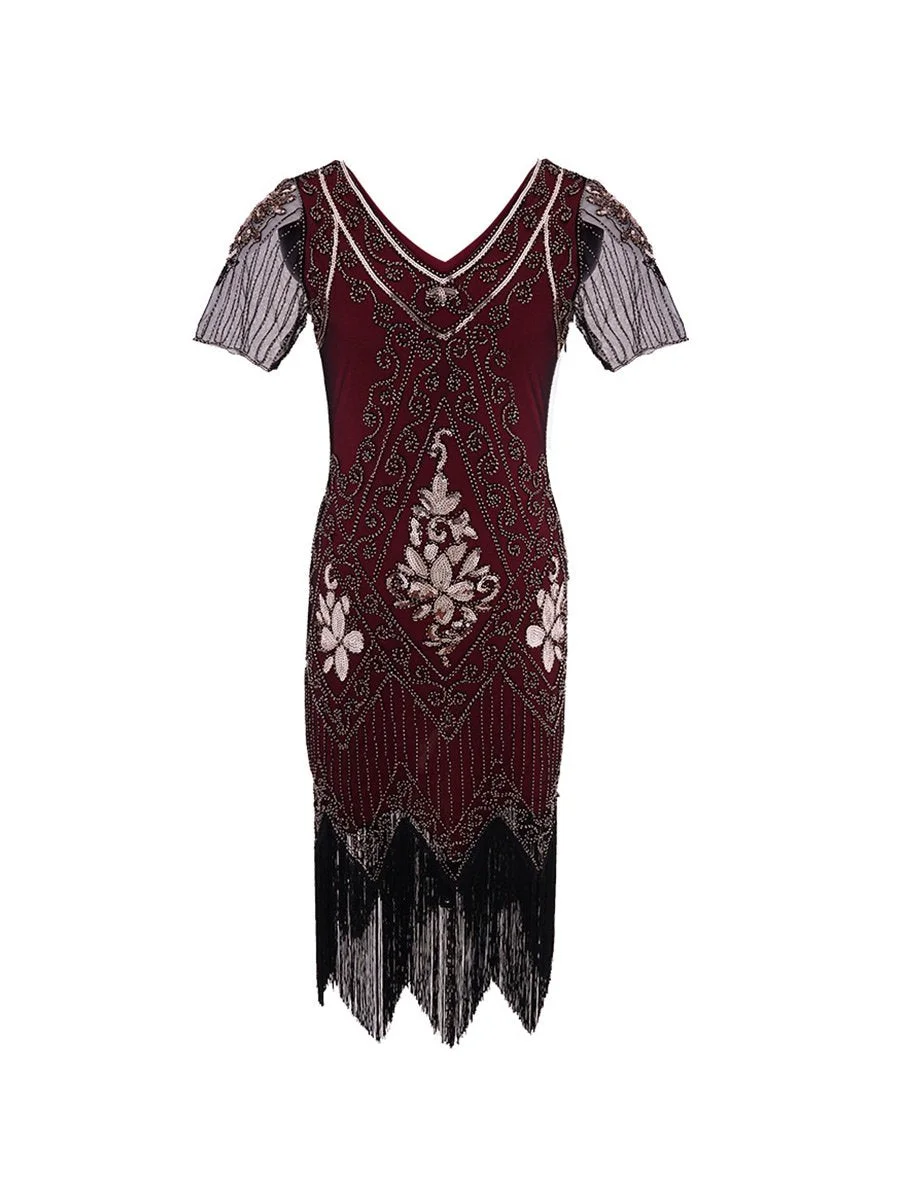 1920s Dress Hand-embroidered Beaded Sequined V-neck Short-sleeved Dress