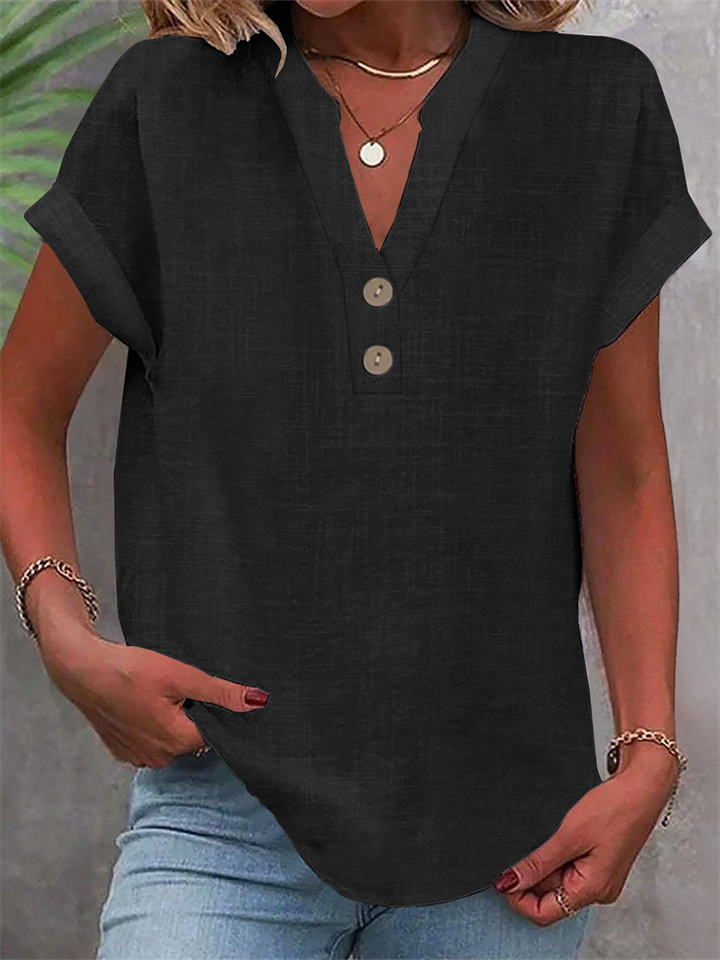 Summer Solid-Color Stand-Up Collar Button-Down Short-Sleeve Women's Shirt-JRSEE