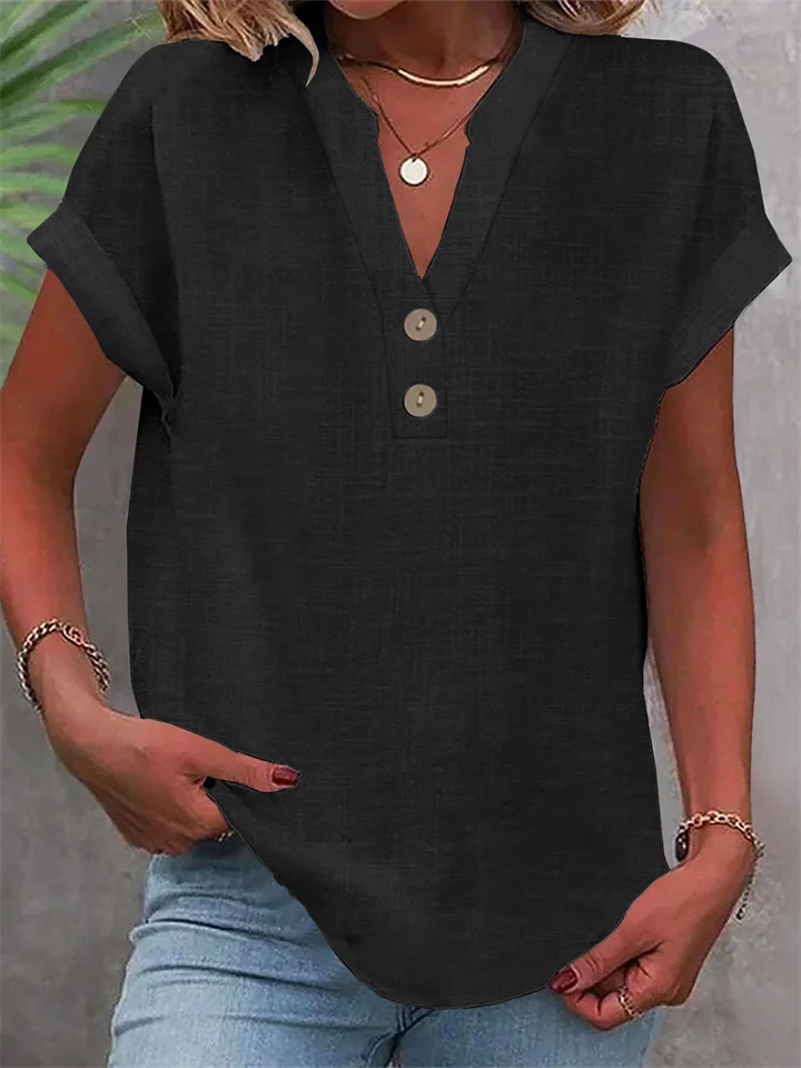 Summer Solid-Color Stand-Up Collar Button-Down Short-Sleeve Women's Shirt-JRSEE