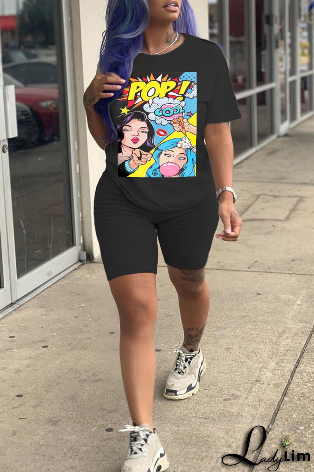 Fluorescent Green Fashion Casual Print Basic O Neck Short Sleeve Two Pieces