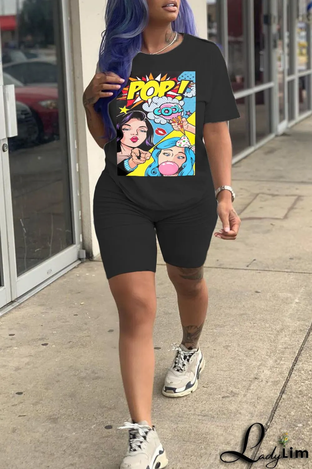 Fluorescent Green Fashion Casual Print Basic O Neck Short Sleeve Two Pieces