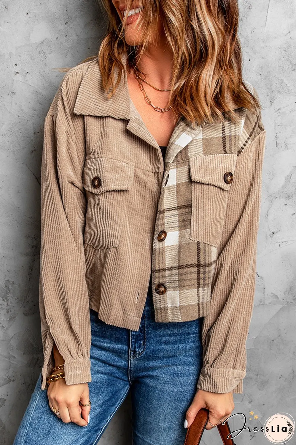 Plaid Corduroy Dropped Shoulder Jacket