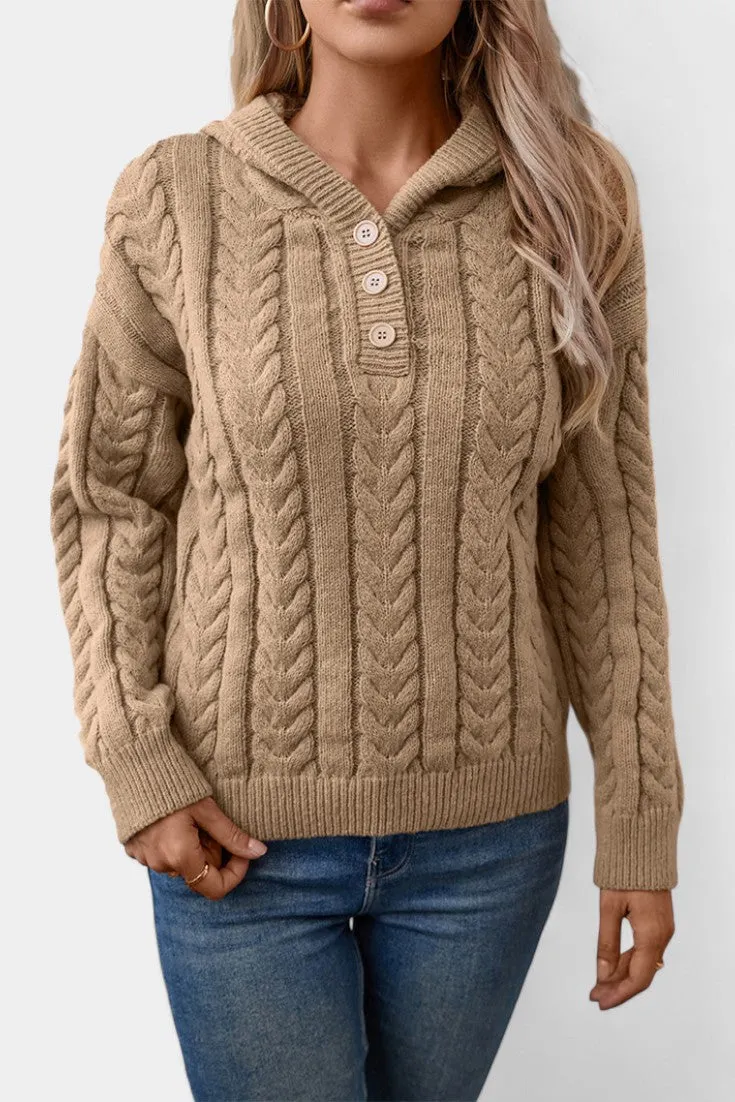Cable Knit Hoodie with Button Front