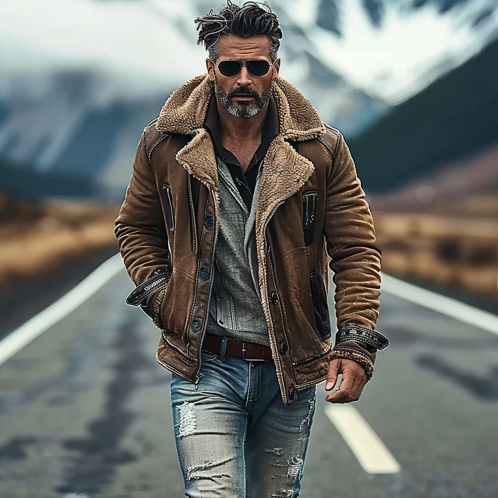 Men's Vintage Leather And Lambswool Western Warm Casual Leather Jacket