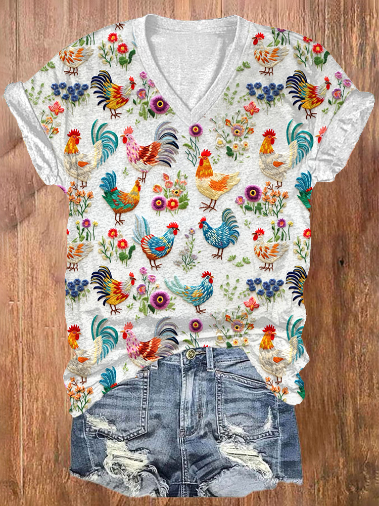 Comstylish Farm Chicken And Floral Embroidery Pattern V-Neck Cotton T-Shirt