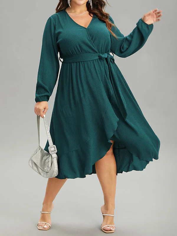 Ruffled Solid Color Split-Joint Tied Waist High-Low Long Sleeves V-Neck Midi Dresses