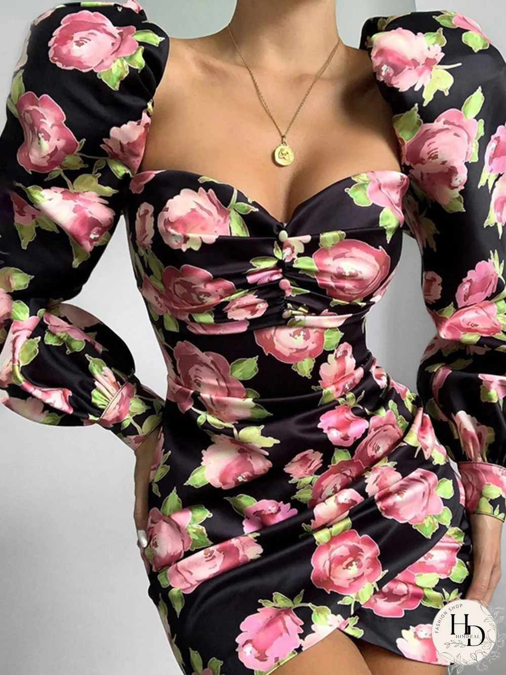 Hugcitar Rose Floral Print Long Puff Sleeve Ruched Sexy Mini Dress Autumn Winter Women Party Elegant Streetwear Outfits