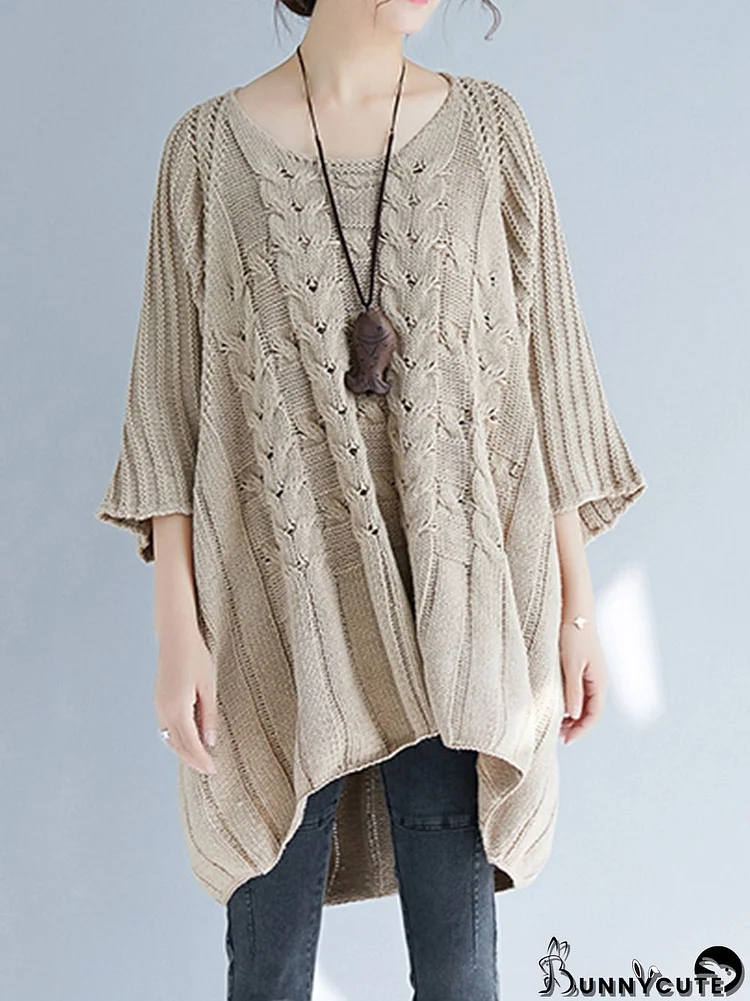 Vintage Loose Solid Color Round-Neck Batwing Half Sleeves Knitting Sweater