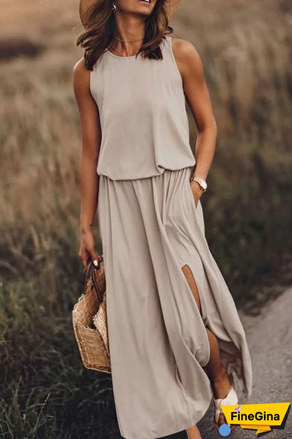 Bohemian Sleeveless Side Slit Maxi Dress