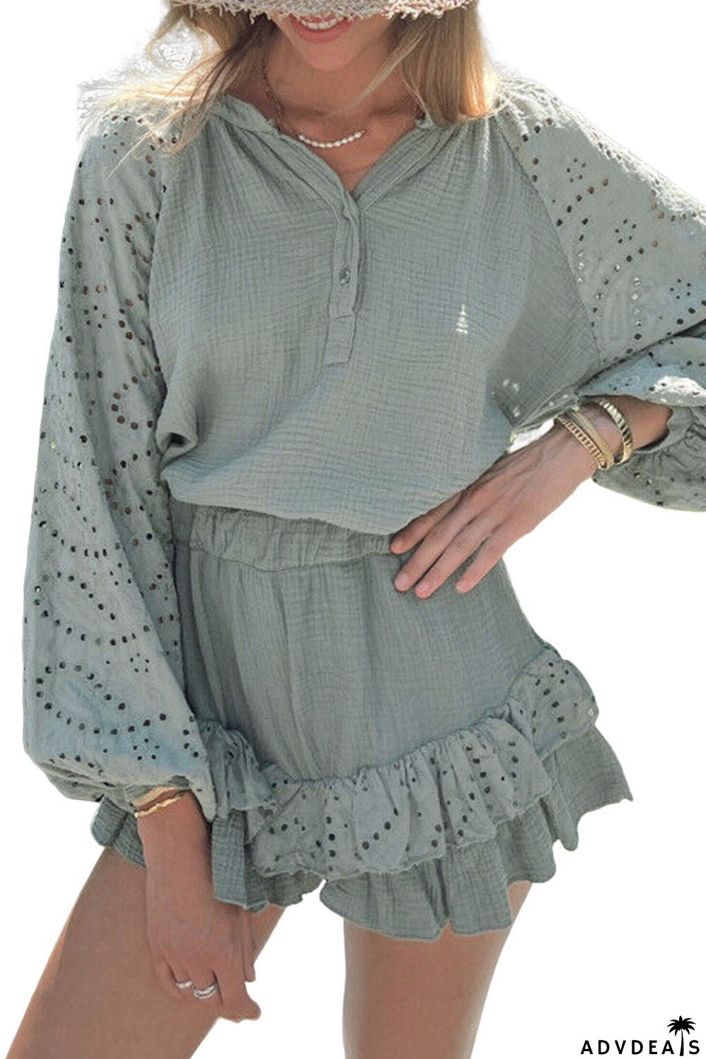 Green Eyelet Arm Ruffled and Shorts Raglan Top Set