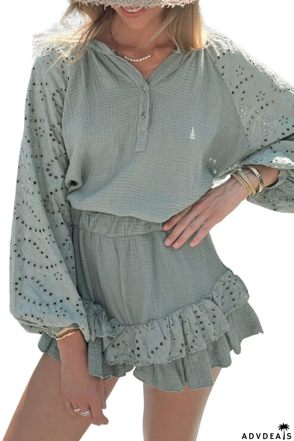 Green Eyelet Arm Ruffled and Shorts Raglan Top Set