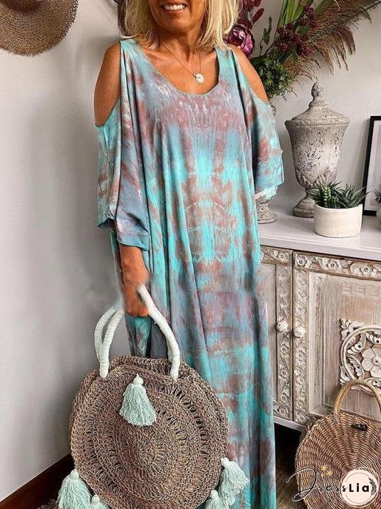 Women's Dresses Loose Tie-Dye Printed Off-The-Shoulder Long Sleeve Dress