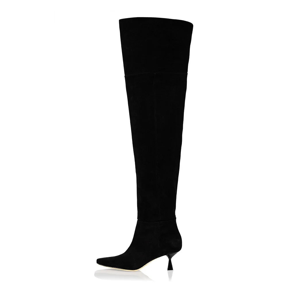 Vegan Suede Kitten Heel Pointed Toe Thigh High Boots in Black