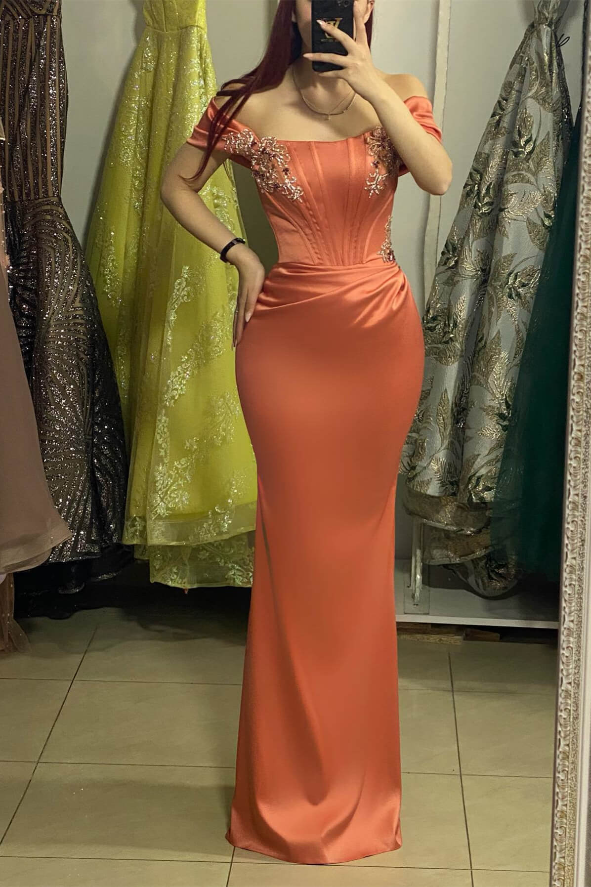 Chic Coral Off-the-Shoulder Sleeveless Mermaid Evening Gown With Crystals Beadings - lulusllly
